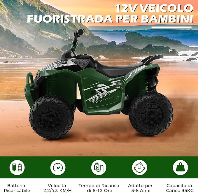 12V Quad Elettrico per Bambini, Macchina Elettrica con Velocità Alta/Bassa, Sedile Comodo Fari Corno e Musica, Auto Elettrica Cavalcabile 2,2/4,3 km/h (Verde)
