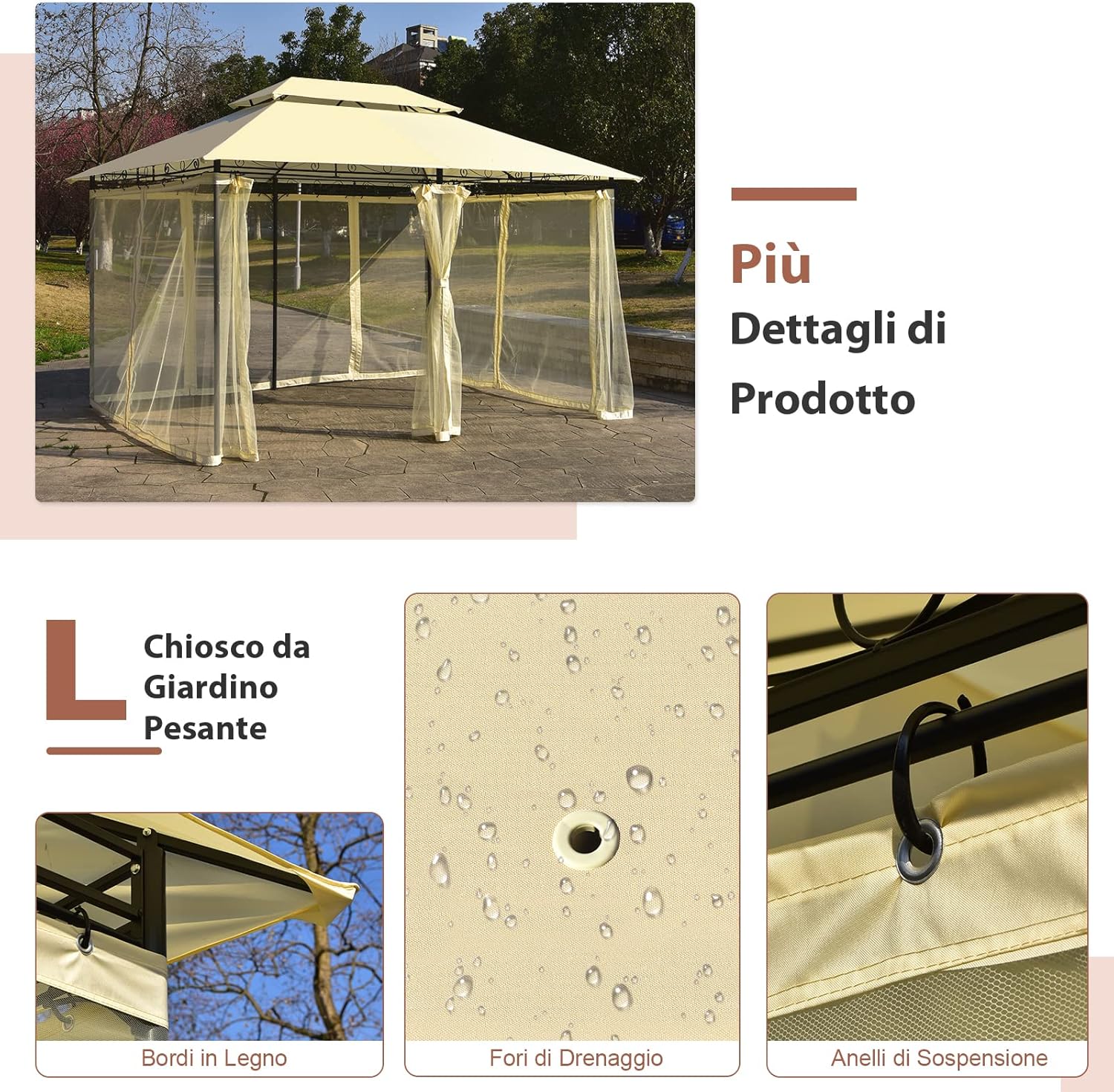 Gazebo da Giardino 3,9 x 2,9 M, Gazebo da Esterno con rete rimovibile e doppi tetti, struttura in acciaio, ideale per Feste, Barbecue, Giardino (beige)