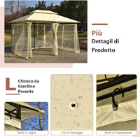 Gazebo da Giardino 3,9 x 2,9 M, Gazebo da Esterno con rete rimovibile e doppi tetti, struttura in acciaio, ideale per Feste, Barbecue, Giardino (beige)