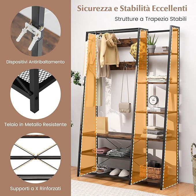 5 in 1 Appendiabiti con Ripiani, Stand Appendiabiti con 9 Ganci, 5 Ripiani Laterali e 2 Ripiani in Rete, Attaccapanni Industriale in Metallo, per Ingresso Soggiorno, 118x40x180 cm