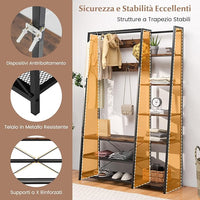 5 in 1 Appendiabiti con Ripiani, Stand Appendiabiti con 9 Ganci, 5 Ripiani Laterali e 2 Ripiani in Rete, Attaccapanni Industriale in Metallo, per Ingresso Soggiorno, 118x40x180 cm