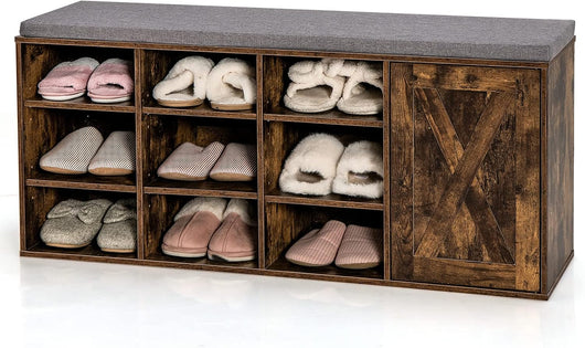 Panca Scarpiera da Ingresso, Scarpiera con Seduta Imbottito, 9 Scomparti e Armadio con Ante, Panca Contenitore con Ripiani Regolabili, per Camera da Letto Corridoio, 110,5x30x49 cm (Marrone)