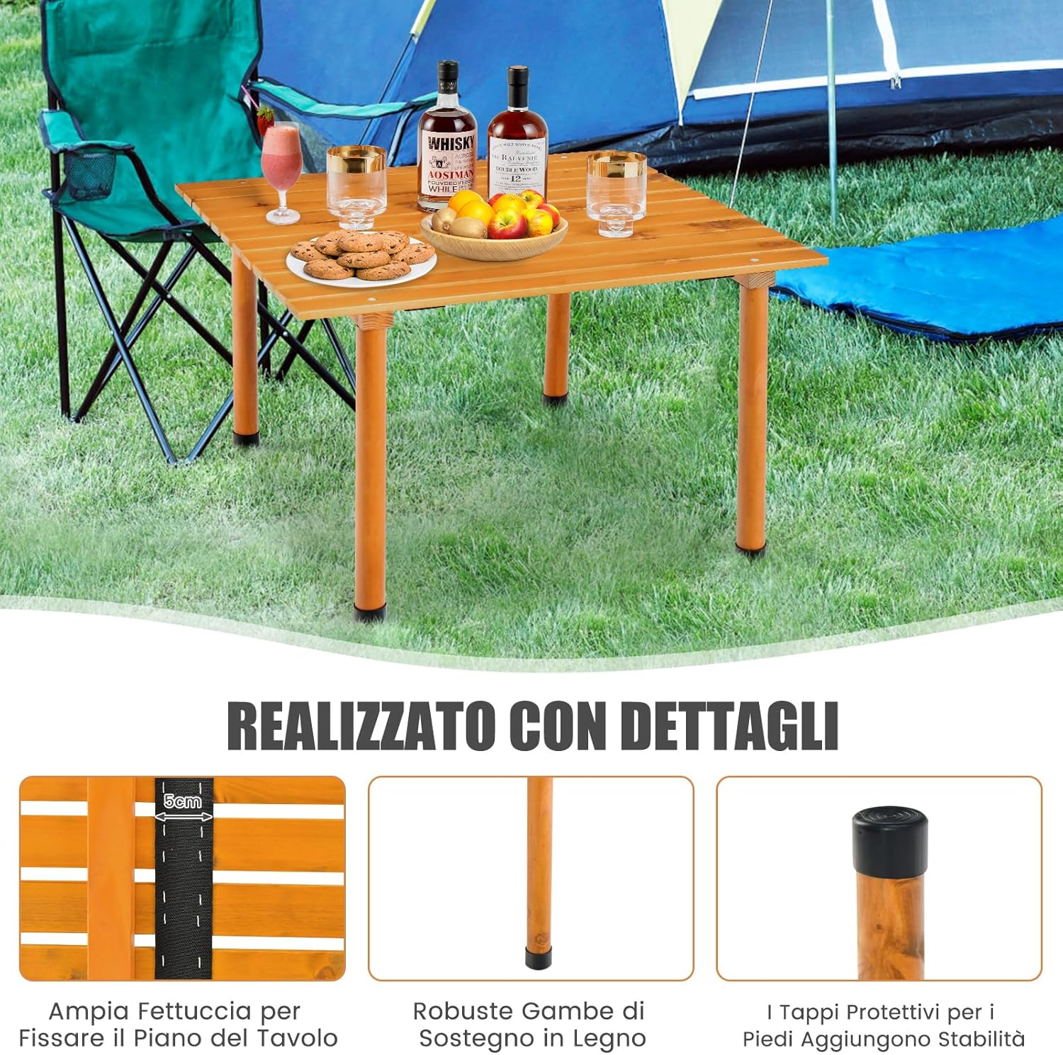 Tavolo da Campeggio Pieghevole per Esterni, Tavolo Picnic in Legno con Borsa Portatile, Tavolo da Campeggio Multifunzione per Spiaggia, Picnic, Pesca, Barbecue, 69 x 69 x 42 cm (Naturale)