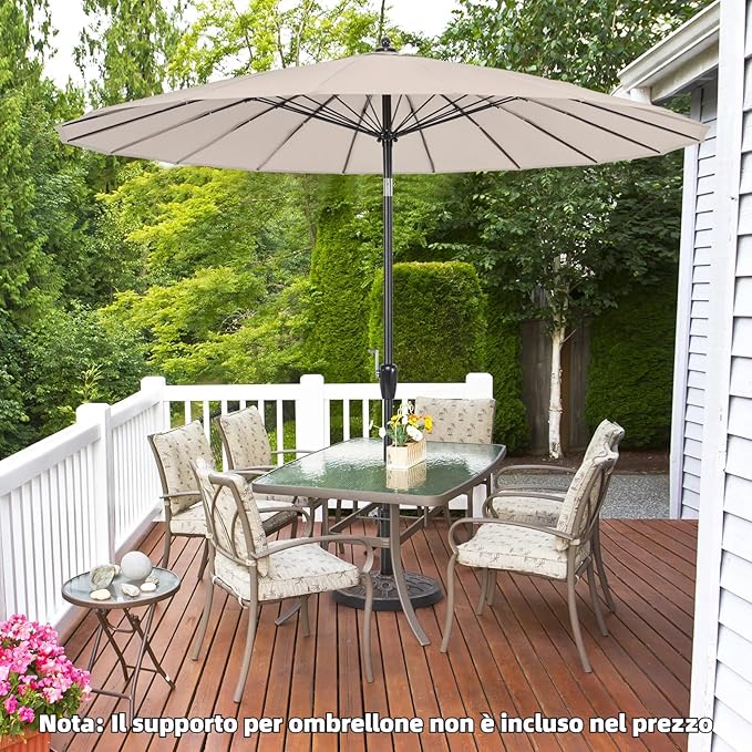 Ombrellone da Giardino Rotondo di 265 cm, Ombrellone da Patio con 18 Costole, Inclinazione a Pulsante, Parasole con Supporto in Metallo, per Cortile, Piscina, Spiaggia(Beige)