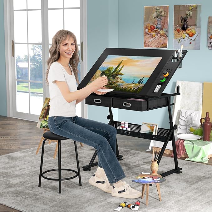 Tavolo da Disegno Scrivania per Arte con Cassetti e Sgabello, Regolabile in Altezza ed inclinabile (nero)