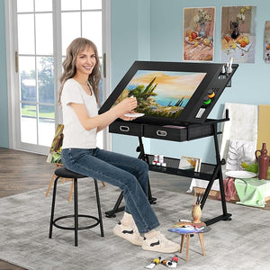 Tavolo da Disegno Scrivania per Arte con Cassetti e Sgabello, Regolabile in Altezza ed inclinabile (nero)