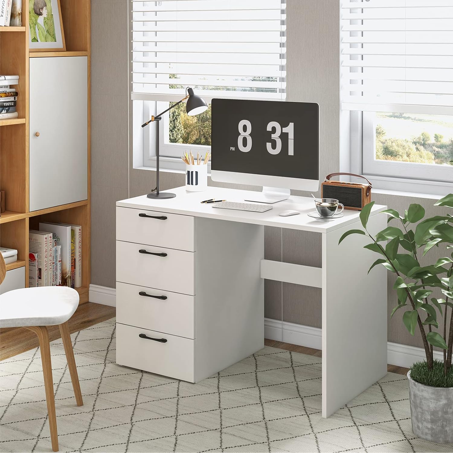 Scrivania per Computer con 4 Cassetti, Scrivania Porta PC in Legno con Ampio Piano, Scrivania Moderna e Semplice per Casa, Ufficio e Studio, Portata 95 kg, 110 x 60 x 76 cm, Bianco