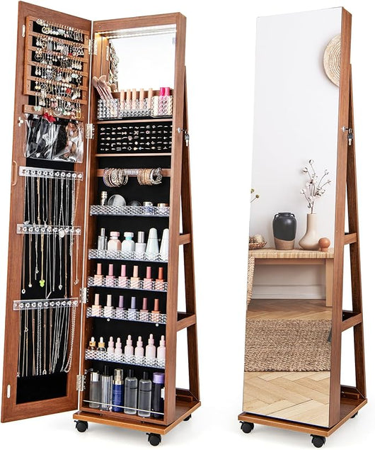 Armadio Portagioie con Ruote, Armadietto Portagioielli con Specchio a Luci 3 Colori, Specchio Portagioie con Ripiani Regolabili, Organizzatore Gioielli con Chiavi, 40 x 38 x 163 cm (Marrone)