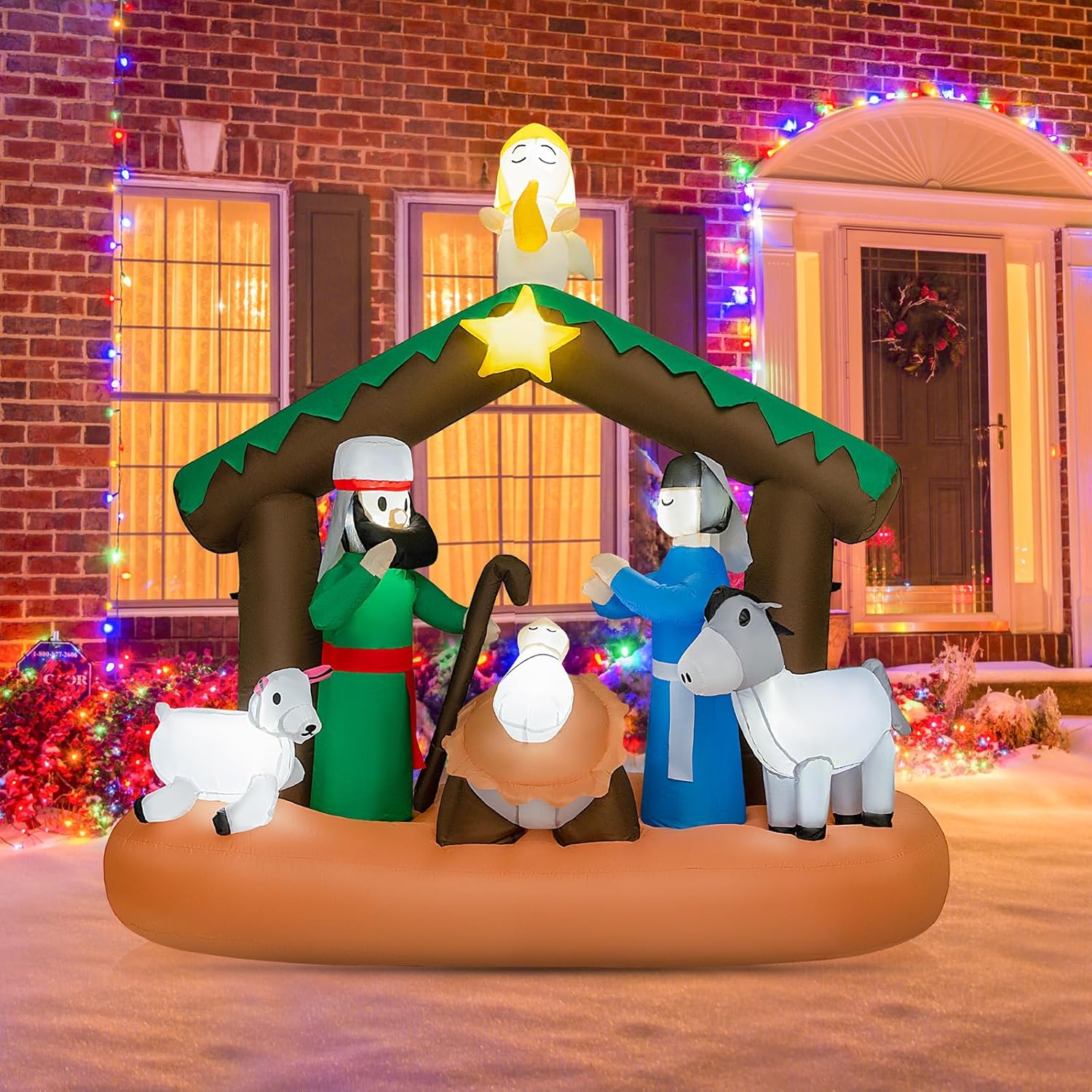 Presepe di Natale Gonfiabile da 180 cm, Decorazione Natalizia Gonfiabile Scena della Natività, con Luci LED Incorporate, per Interni e Esterni