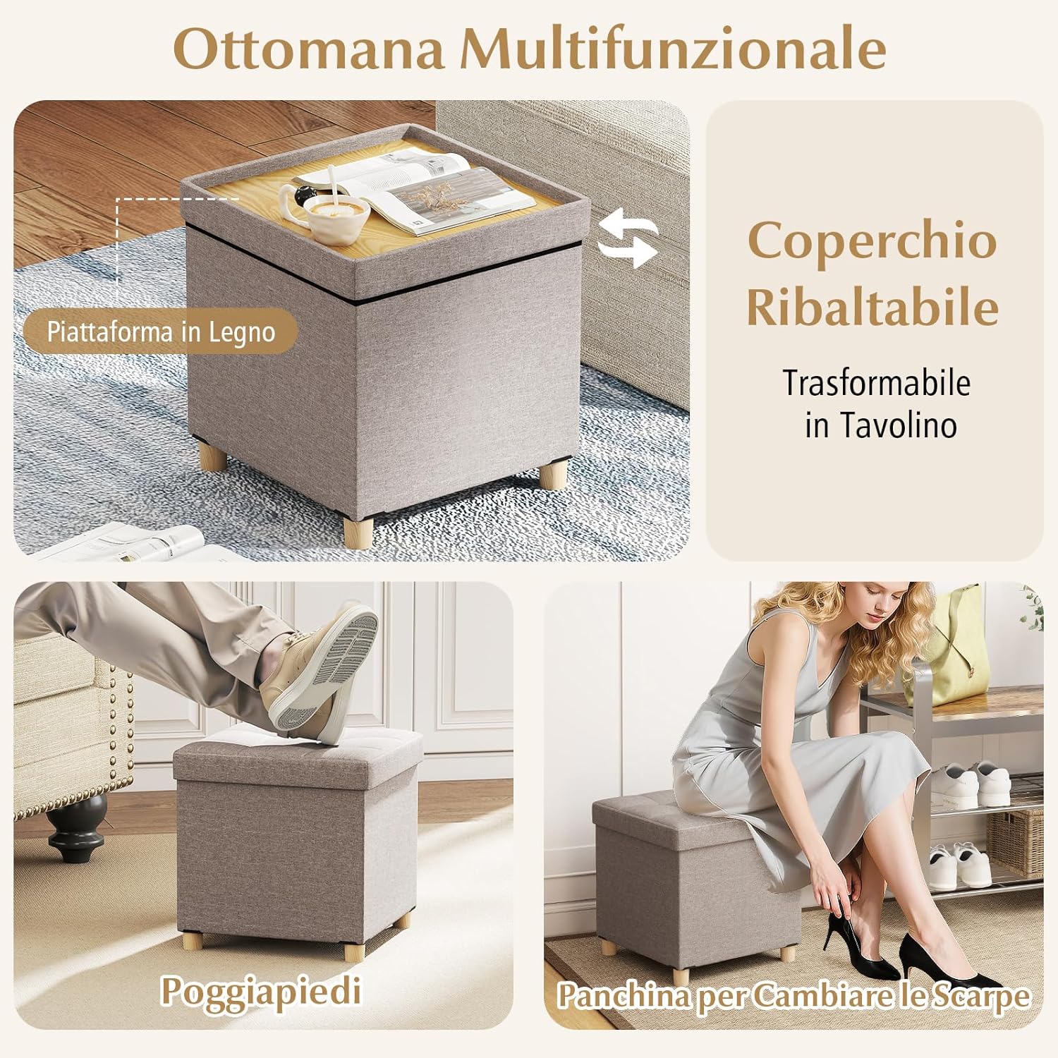 Pouf Contenitore da 45 cm, Sgabello con Vassoio e Gambe in Legno di Gomma, Poggiapiedi Imbottito, Sgabello per Scarpe Quadrato per Soggiorno, Portata 150 kg (Grigio)