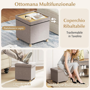 Pouf Contenitore da 45 cm, Sgabello con Vassoio e Gambe in Legno di Gomma, Poggiapiedi Imbottito, Sgabello per Scarpe Quadrato per Soggiorno, Portata 150 kg (Grigio)