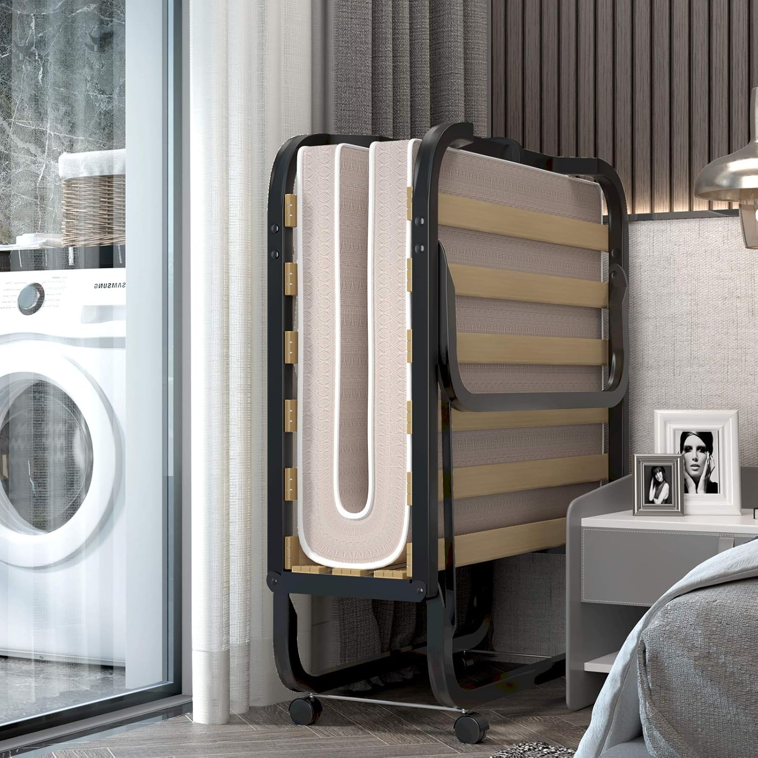 Letto Brandina Pieghevole a Doghe con Materasso in Memory Foam, 200x90 cm, Letto Portatile con 4 Ruote e Struttura Resistente, Carico 130kg, Made in Italy (Stile 2)