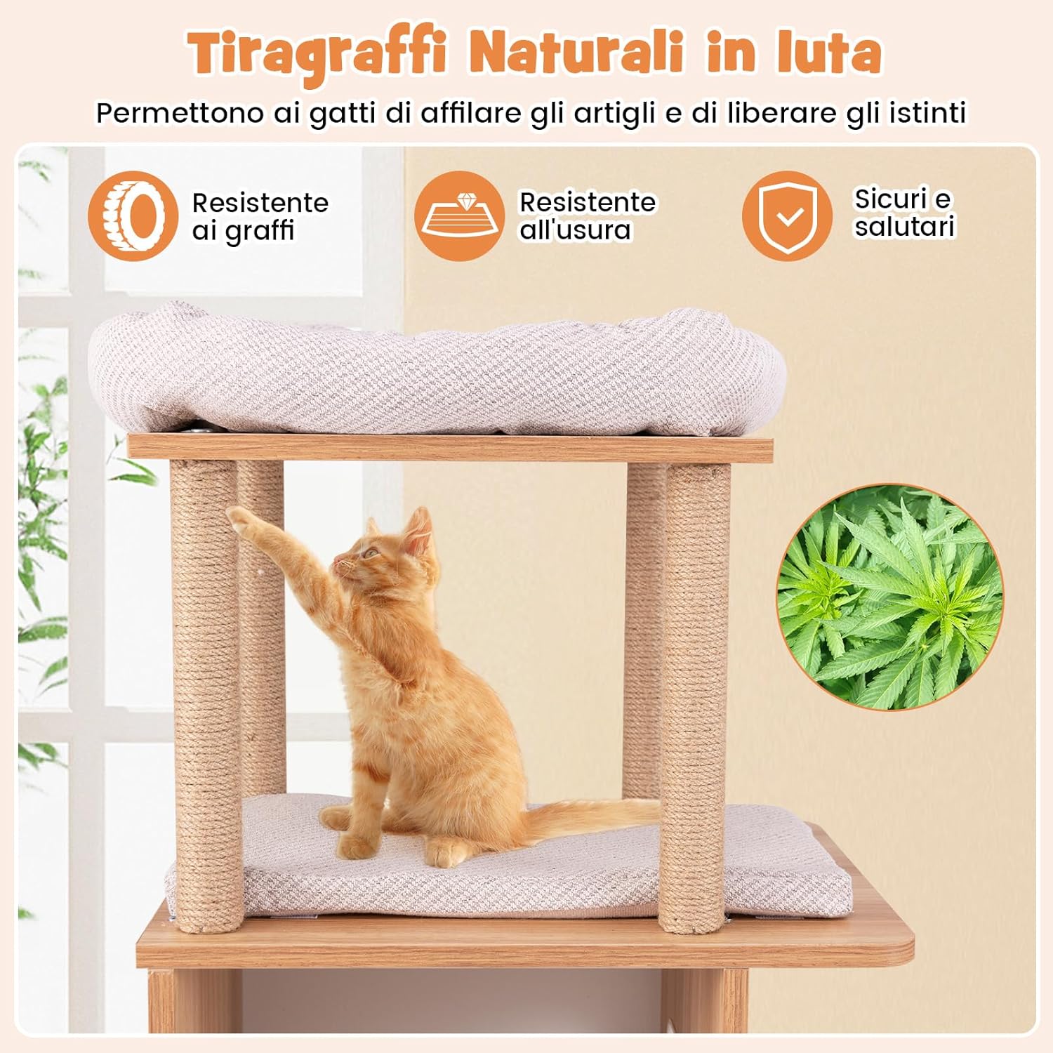 Tiragraffi in Legno 120cm, Torre con Graffiare in Sisal per Gatti a Tema Sportivo con 2 Piani, 2 Posatoi, Amaca e Cuscini Imbottiti, Mobile per Animali Domestici, Naturale