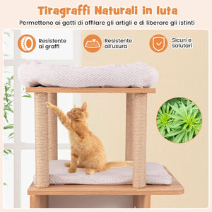 Tiragraffi in Legno 120cm, Torre con Graffiare in Sisal per Gatti a Tema Sportivo con 2 Piani, 2 Posatoi, Amaca e Cuscini Imbottiti, Mobile per Animali Domestici, Naturale
