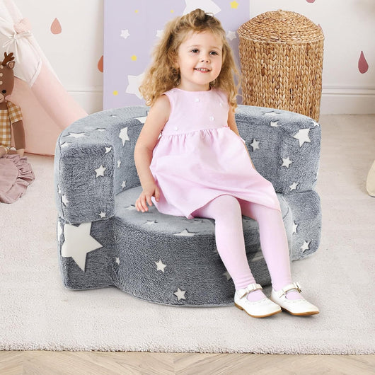 Divano Cuscino per Bambini Pieghevole 2 in 1, Poltrona Schienale Pieghevole per Bambini con Motivi Luminosi nel Buio, Divano Pieghevole per Camera da Letto e Soggiorno (Stella grigio)