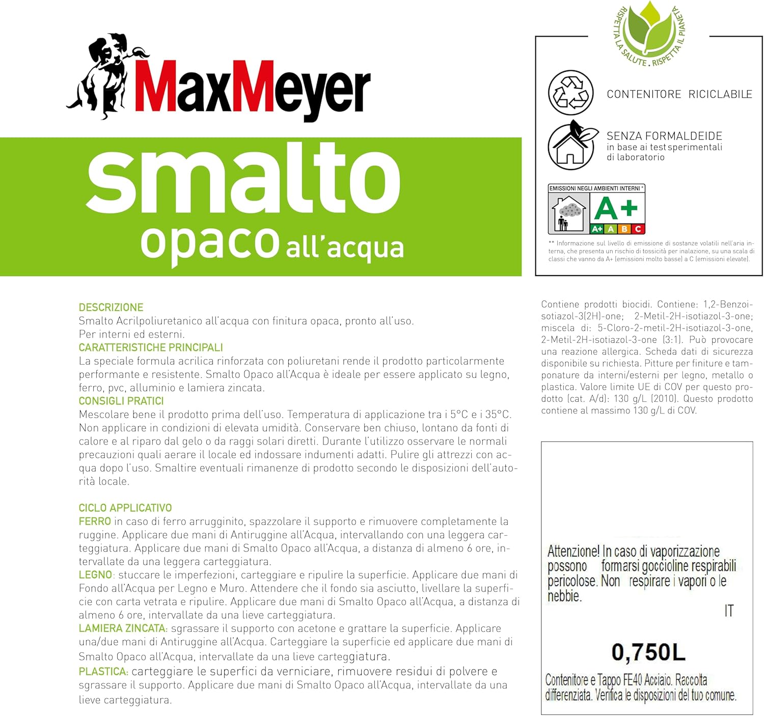 Smalto All'Acqua Poliuretanico con Finitura Opaca, Colore Bianco, 0.75L