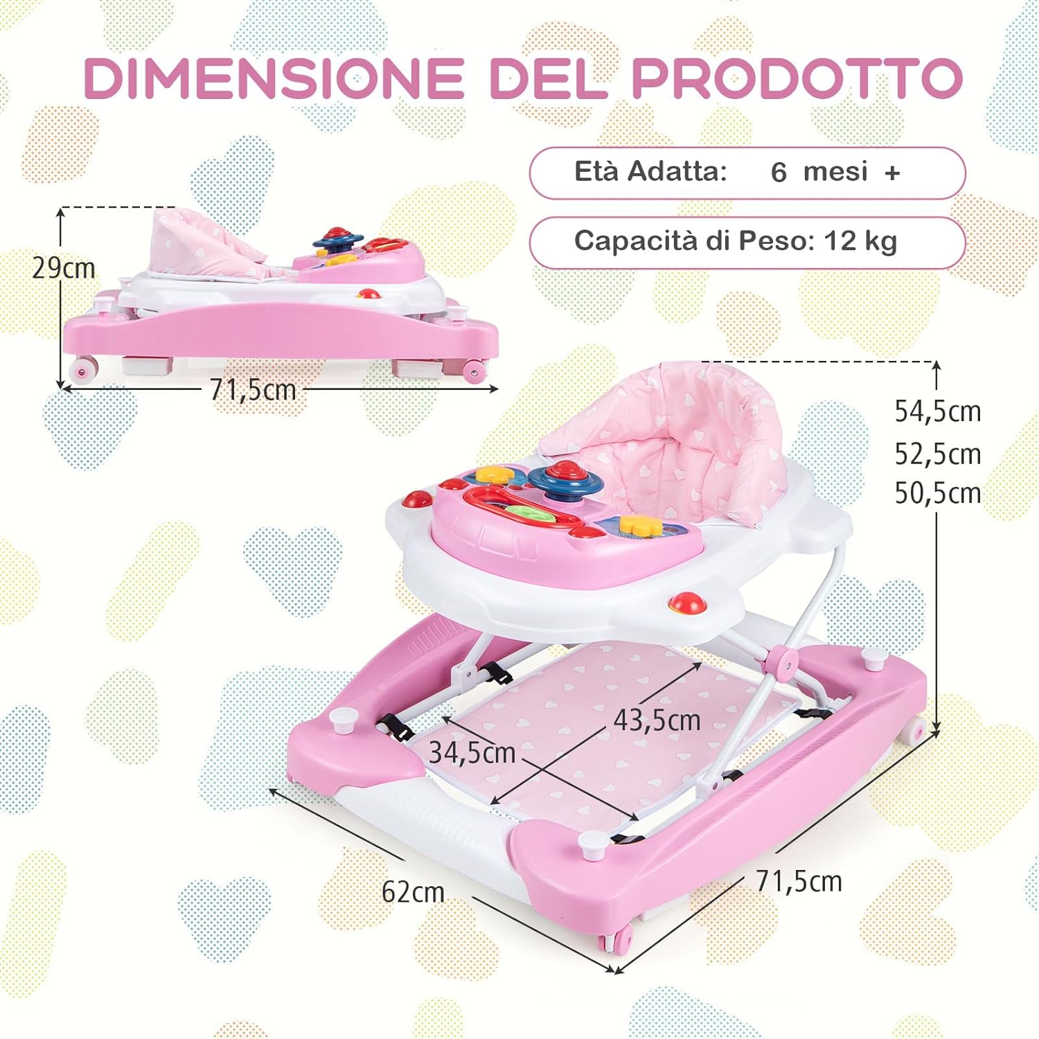Girello per Bambini 6 in 1, Primi Passi per Neonati con Altezza Regolabile, Sedia a Dondolo per Bambini, Girello Pieghevole con Vassoio Musicale, Cuscino, per Bambini 6+ Mesi (Rosa)