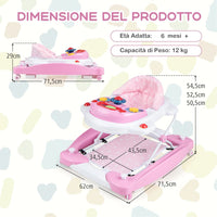 Girello per Bambini 6 in 1, Primi Passi per Neonati con Altezza Regolabile, Sedia a Dondolo per Bambini, Girello Pieghevole con Vassoio Musicale, Cuscino, per Bambini 6+ Mesi (Rosa)