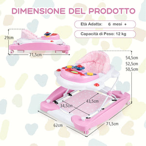 Girello per Bambini 6 in 1, Primi Passi per Neonati con Altezza Regolabile, Sedia a Dondolo per Bambini, Girello Pieghevole con Vassoio Musicale, Cuscino, per Bambini 6+ Mesi (Rosa)