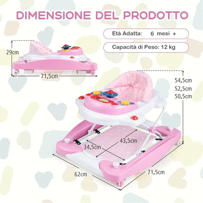 Girello per Bambini 6 in 1, Primi Passi per Neonati con Altezza Regolabile, Sedia a Dondolo per Bambini, Girello Pieghevole con Vassoio Musicale, Cuscino, per Bambini 6+ Mesi (Rosa)