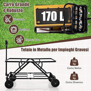 Carrello da Spiaggia Pieghevole, Carrello da Campeggio con Maniglia Regolabile e 360Â° Ruote, Portabottiglie e Tasca Portaoggetti, 170L, per Campeggio, Spiaggia e Giardino (Grigio)