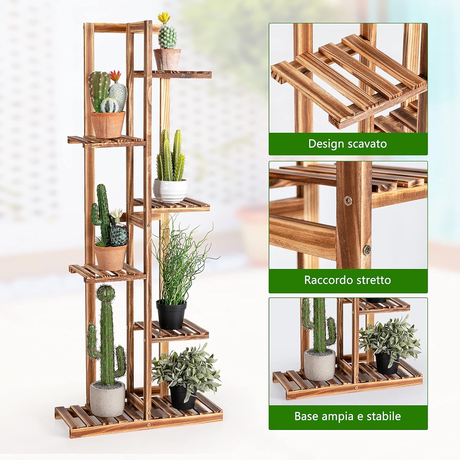 Scaffale per Piante da Interno ed Esterno, Porta Fiori di Legno a 5/6 Livelli, Porta Vasi per Giardino, Balcone e Soggiorno (6 livelli)