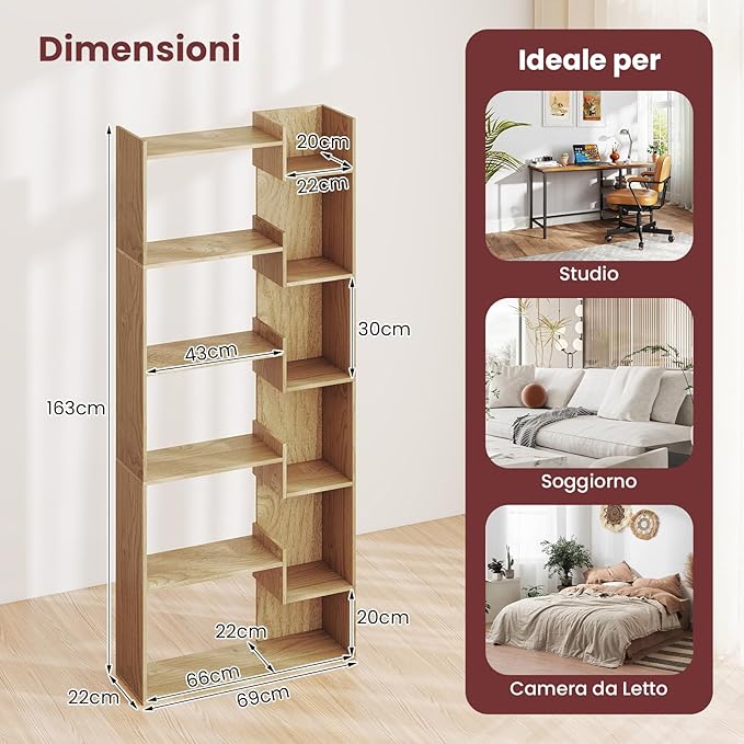 Libreria a 6 Ripiani, Scaffale Alto Salvaspazio in Legno, Libreria Moderna per Studio, Ufficio, Soggiorno e Camera da Letto, 69 x 22 x 163 cm (Naturale)