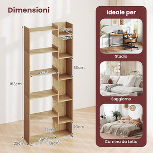 Libreria a 6 Ripiani, Scaffale Alto Salvaspazio in Legno, Libreria Moderna per Studio, Ufficio, Soggiorno e Camera da Letto, 69 x 22 x 163 cm (Naturale)