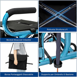 Deambulatore 2 in 1 per Anziani in Alluminio, Rollator Pieghevole e Regolabile in Altezza con Sedia, Schienale Reversibile, Manici Regolabili, Ruote, Poggiapiedi e Borsa Rimovibile (Blu)