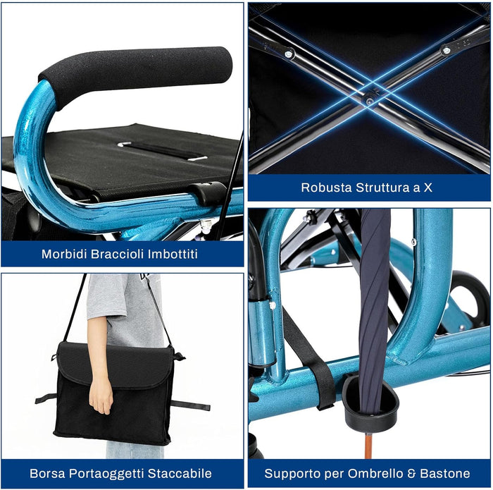 Deambulatore 2 in 1 per Anziani in Alluminio, Rollator Pieghevole e Regolabile in Altezza con Sedia, Schienale Reversibile, Manici Regolabili, Ruote, Poggiapiedi e Borsa Rimovibile (Blu)