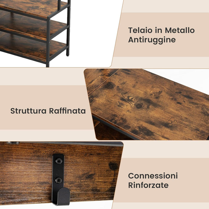 Stand Appendiabiti Angolare, Appendiabiti a Forma L con Ripiani Aperti 7 Ganci e Panca per Scarpe, Struttura in Metallo e Piedini Regolabili, 90x90x178 cm (Marrone industriale)