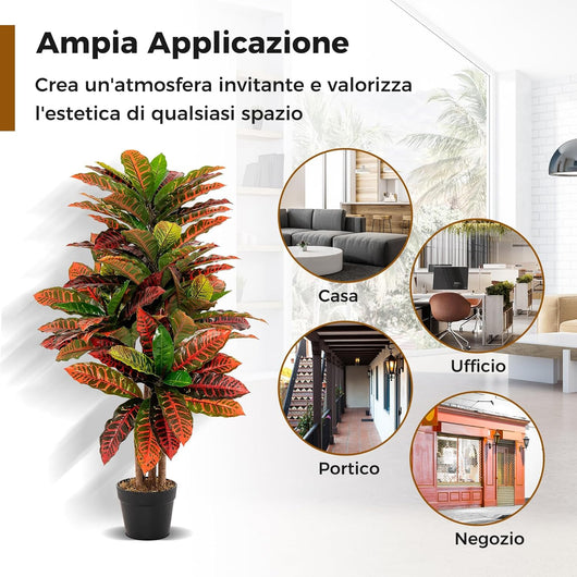 Pianta Artificiale di Croton 100 CM, Albero di Croton Finto con Foglie Variopinte, Tronco Naturale in Legno, Pianta Finta Realistica per Ufficio e Casa