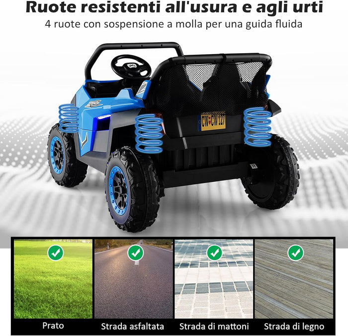 12V Auto Elettrico per Bambini, Macchina Fuoristrada a 2 Posti, Macchina Elettrica con Luci Suoni, Regalo per Bambini 3-8 Anni, 118x74x71 cm (Blu)