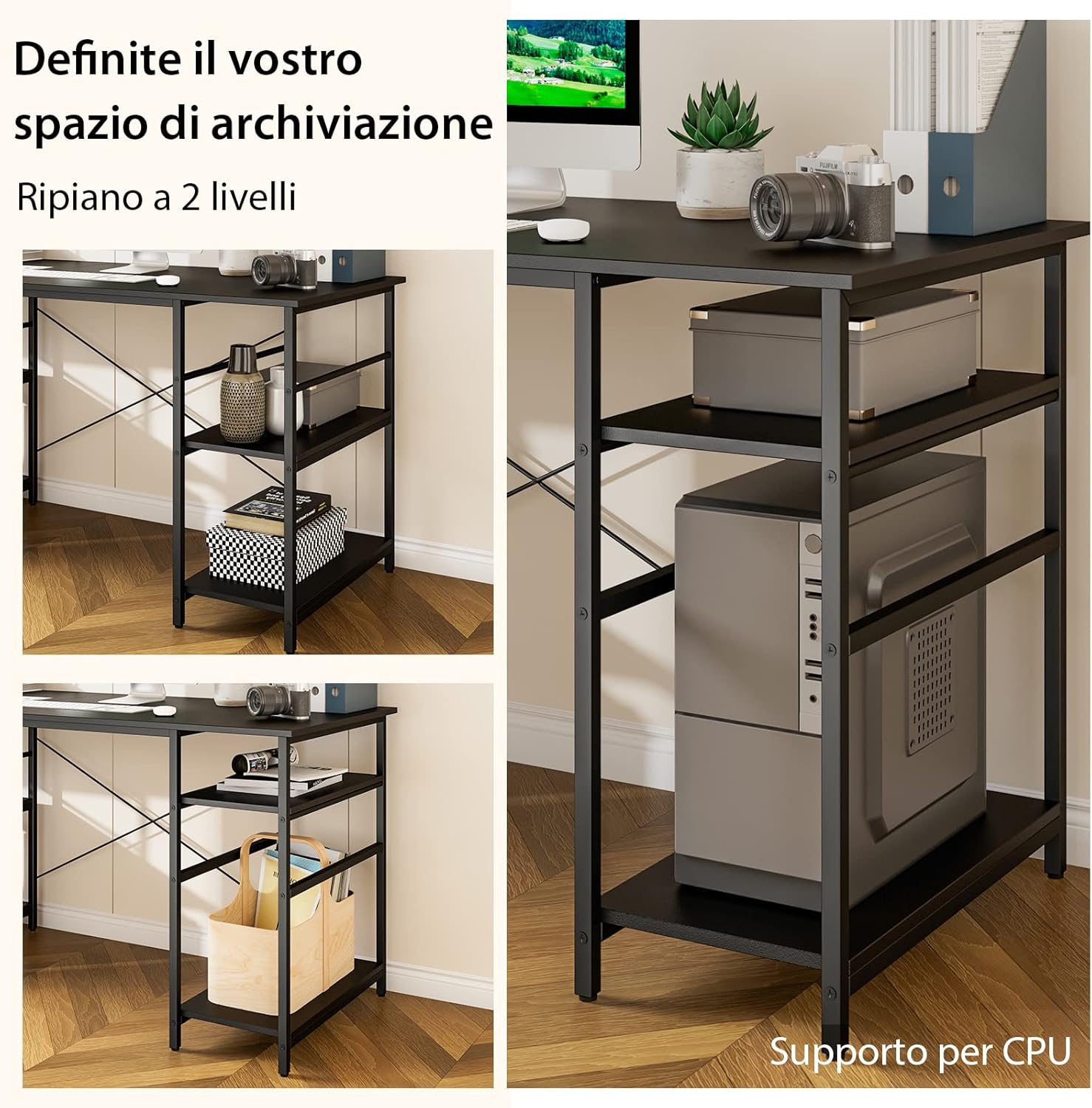 Scrivania Angolare per Computer con Supporto per Monitor, Scrivania Porta PC in Legno, Scrivania Salvaspazio e Moderna per Ufficio e Studio, 242 x 60 x 75 cm (Nero)