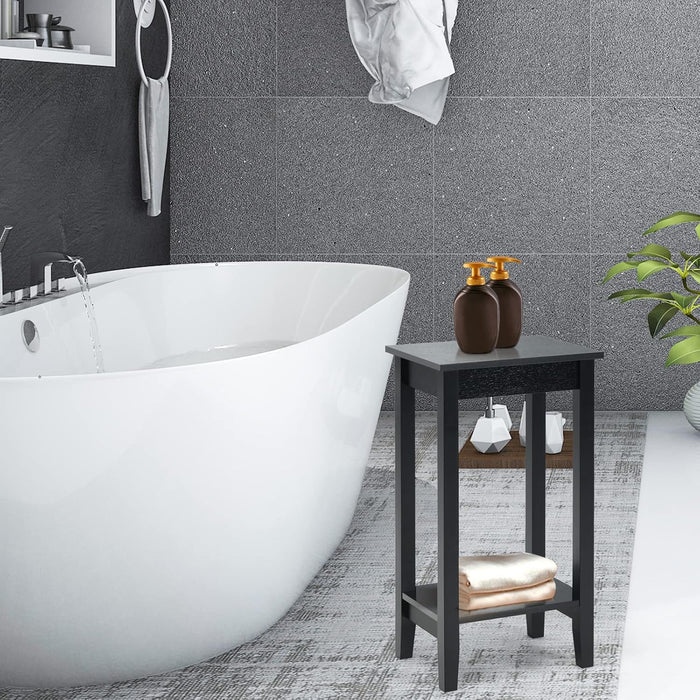 Tavolino da Salotto Alto a 2 Livelli Aperti, Tavolino Comodino in Legno di Pino Massicio, Tavolino Moderno Portaoggetti per Soggiorno e Camera da Letto, 40 x 30 x 73,5 cm (1, Nero)