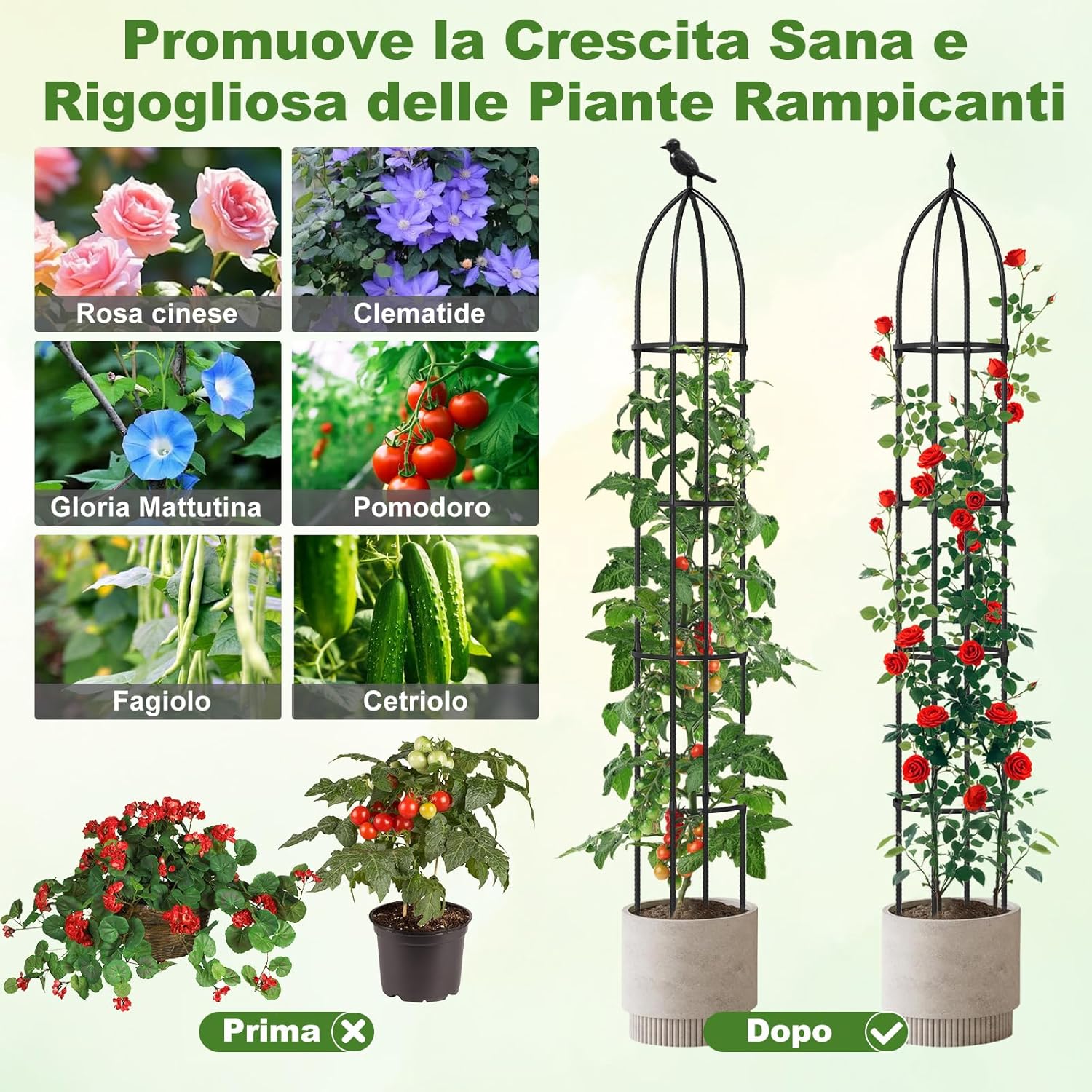 2 Trellis da Giardino per Piante Rampicanti 197 cm, 2 Tralicci in Metallo a Obelisco per Piante in Vaso, Supporto da Giardino per Verdure, Fiori, Pomodori, Rose e Clematidi
