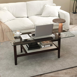 Tavolino da Caffè in Vetro, Tavolino Rettangolare a 2 Livelli con Ripiano e Gambe in Legno di Gomma, Tavolo Moderno per Soggiorno, Casa e Ufficio, 107 x 60 x 42 cm
