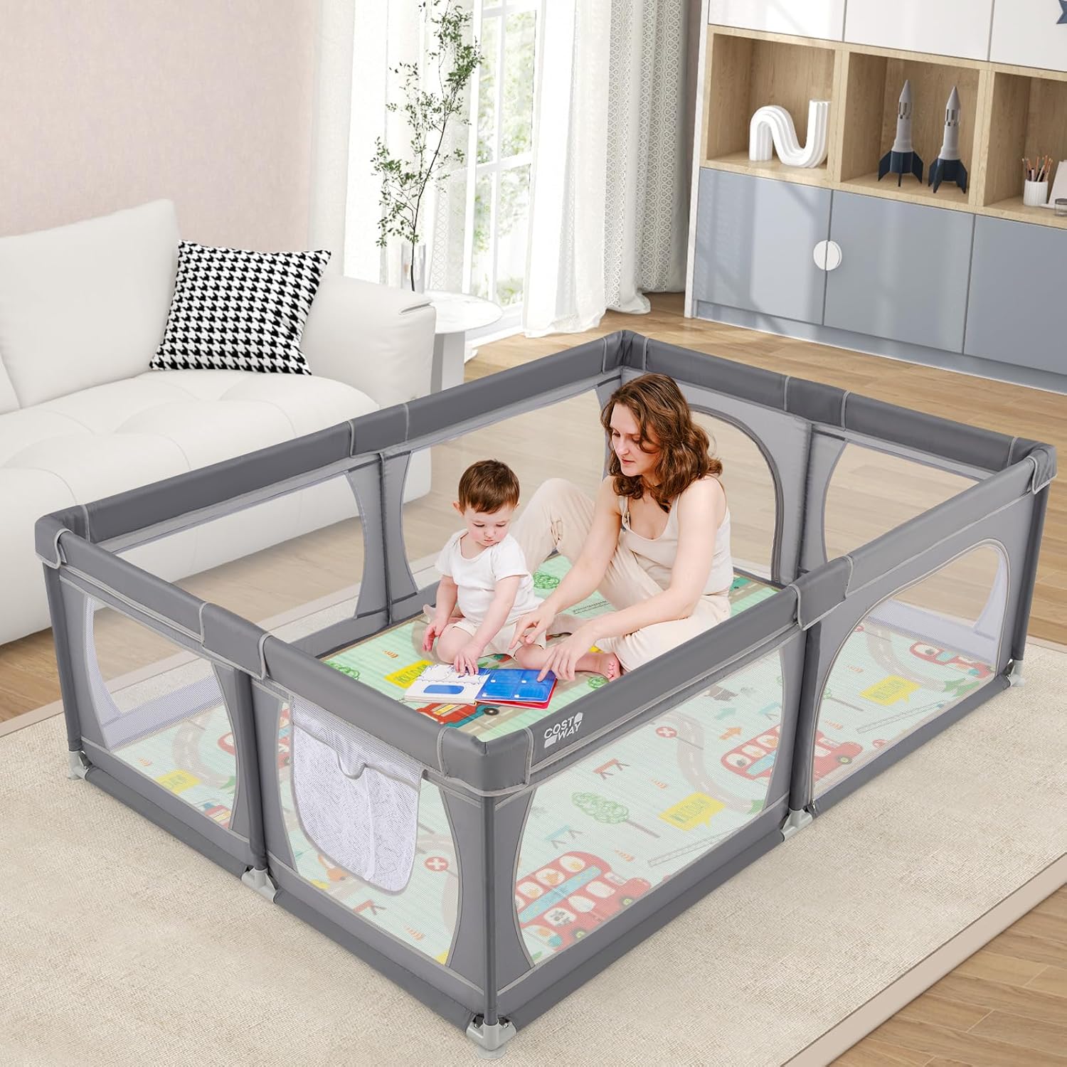 Recinto per Bambini con Materasso, Box per Bambini con Tappetino, Rete Traspirante e Apertura a Cerniera, Box Giochi con Borsa, 4 Impugnature e 50 Palline, per Bambibi 0-3 Anni (Grigio Scuro)