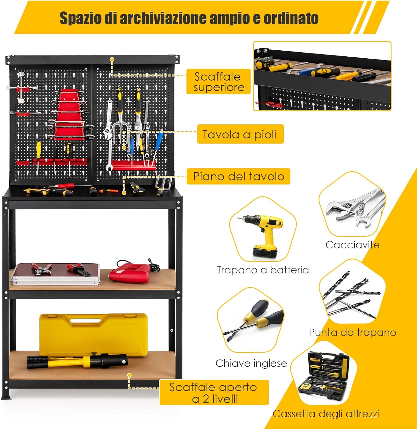 Banco da Lavoro, in Metallo e MDF, con 3 Ripiani, 13 Accessori da Appendere, 80,5 x 41x 155cm, per Garage, Casa, Officina e Magazzino