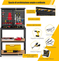 Banco da Lavoro, in Metallo e MDF, con 3 Ripiani, 13 Accessori da Appendere, 80,5 x 41x 155cm, per Garage, Casa, Officina e Magazzino