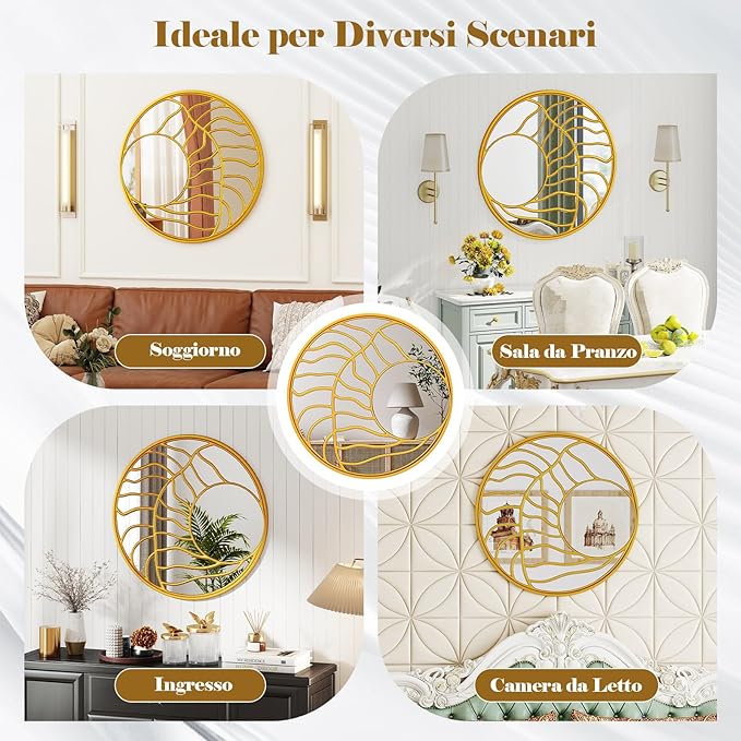 Specchio da Parete 80 cm, Specchio Decorativo da Parete Rotondo con Cornice Irregolare, per Soggiorno, Ingresso Camera da Letto Sala da Pranzo