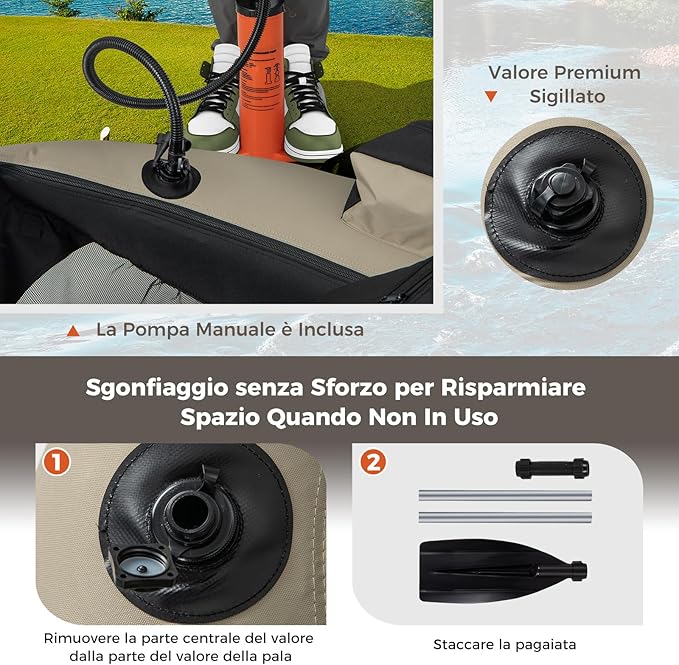 Belly Boat da Pesca Portatile, Gommone Gonfiabile da Pesca con Porta Canne Regolabile, Pompa, Pagaia in Alluminio, Spallacci e Kit di Riparazione, Barca da Mare con 2 Pinne, capacità 160kg