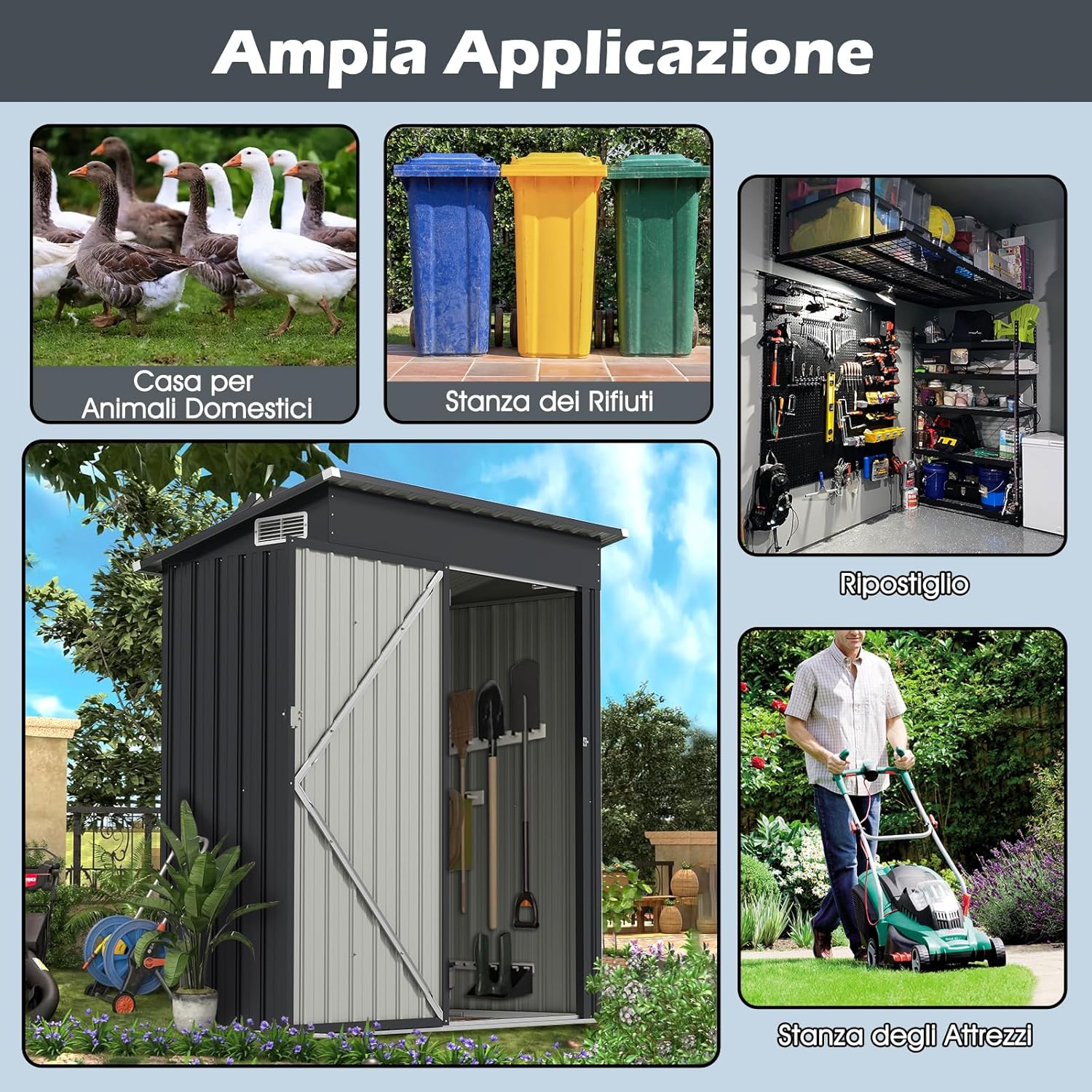 Casetta da Giardino, Capanno da Esterno con Design a Tetto Inclinato, Venti d'Aria, Struttura in Metallo Zincato, Armadio da Giardino, Cortile, Prato e Patio (Grigio Scuro)