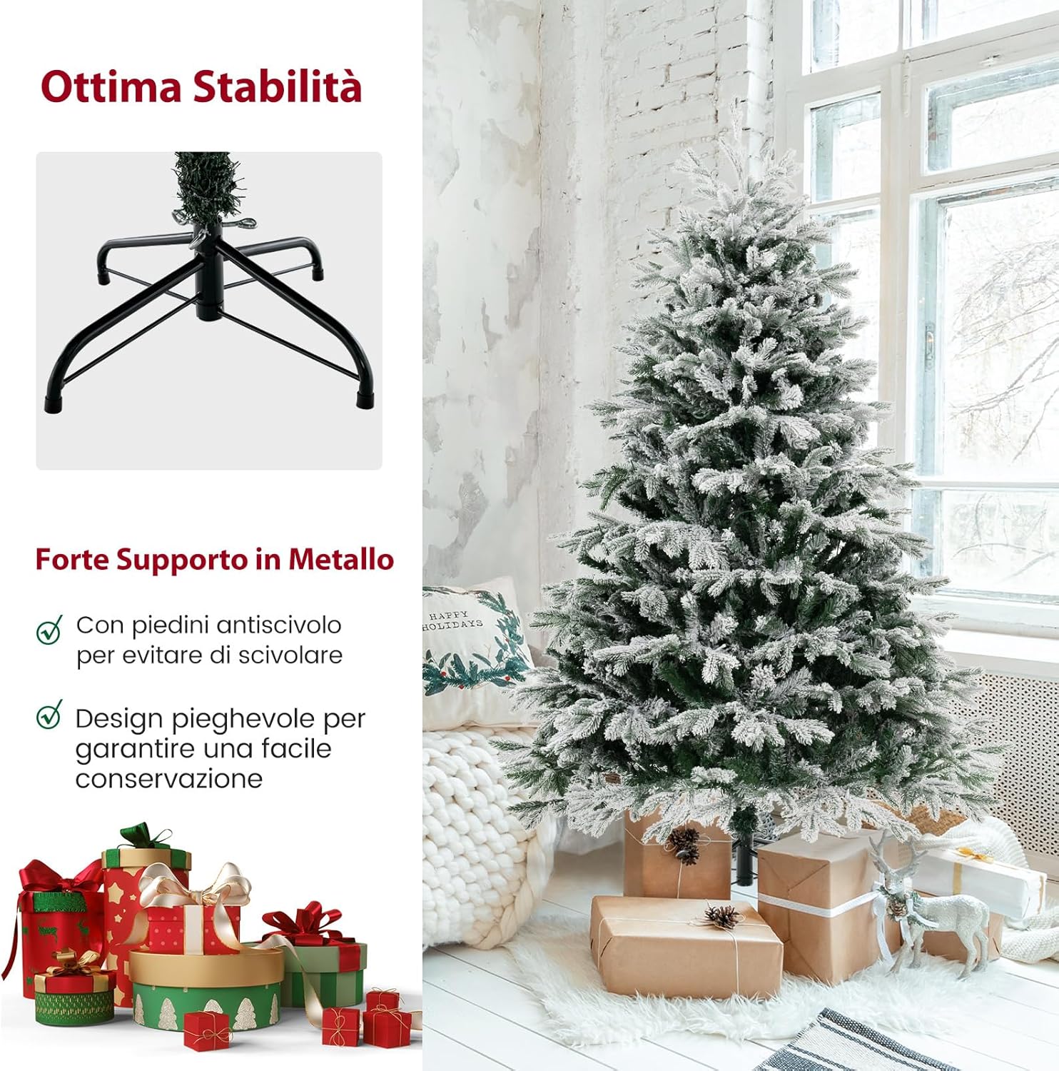 Albero di Natale Innevato135/180 cm, Albero di Natale Pre-Illuminato con Cerniera con 688/1022 Punte di Rami PE PVC & 200/350 Luci LED Bianche Calde per Casa e Ufficio (180 cm)