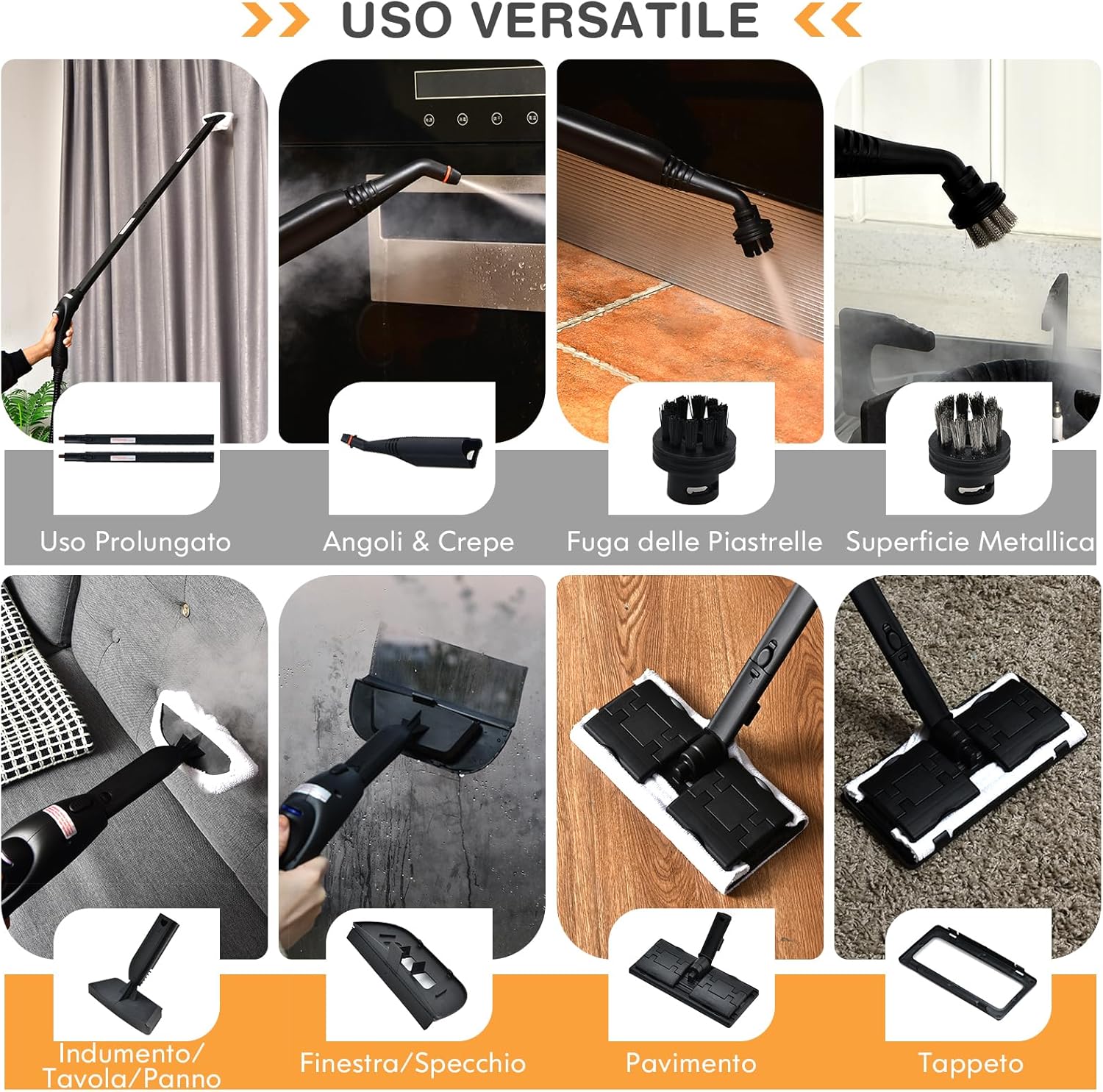 2000W Pulitore a Vapore con 19 Accessori e Serbatoio da 1,5L, Vapore per Tappeti, per Pulizie Profonde Pavimenti Finestre e Macchine (Arancia)