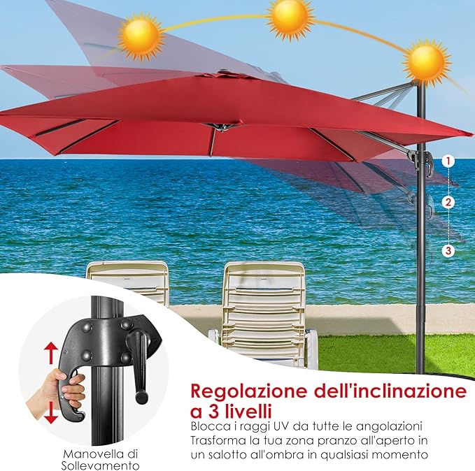 Ombrellone da Giardino, 300 x 300 cm, Ombrellone da Esterno con 3 Inclinazioni, Rotazione a 360°, Manovella, 8 Stecche, Base Incrociata (Vinaccia)