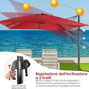 Ombrellone da Giardino, 300 x 300 cm, Ombrellone da Esterno con 3 Inclinazioni, Rotazione a 360°, Manovella, 8 Stecche, Base Incrociata (Vinaccia)