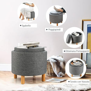 Pouf Rotondo con Contenitore e Vassoio, Poggiapiedi Imbottito con Base in Legno e Piedini Antiscivolo, Tavolino da Caffè per Soggiorno, Camera da Letto (Grigio)