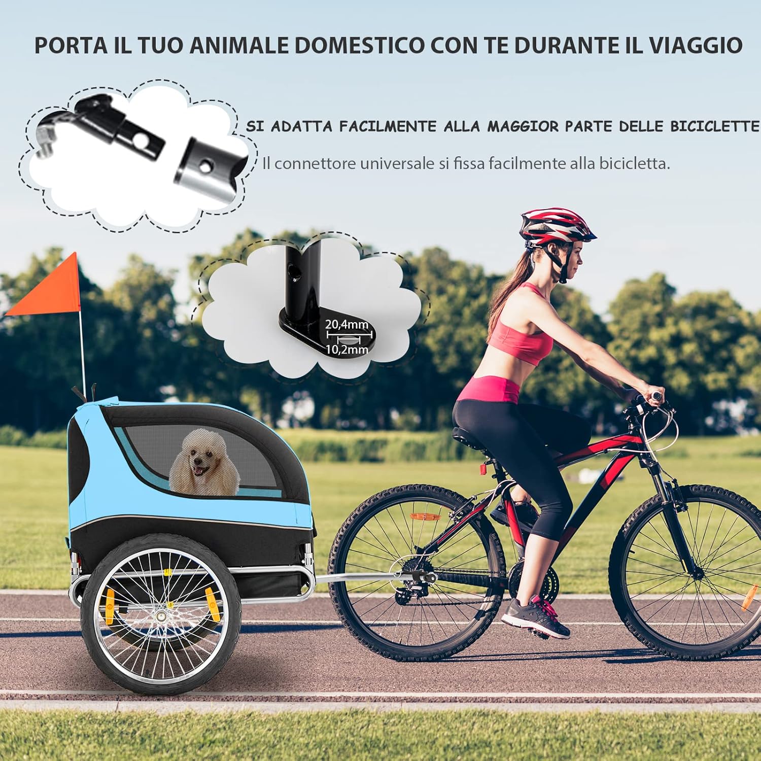 Rimorchio Bici per Animali, Carrello per Bicicletta per Cani di Piccola e Media Taglia con Ruote da 50cm e Tettuccio Apribile, Portata 40 kg, 60,5 x 135 x 95 cm (Azzurro)