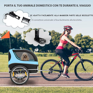 Rimorchio Bici per Animali, Carrello per Bicicletta per Cani di Piccola e Media Taglia con Ruote da 50cm e Tettuccio Apribile, Portata 40 kg, 60,5 x 135 x 95 cm (Azzurro)